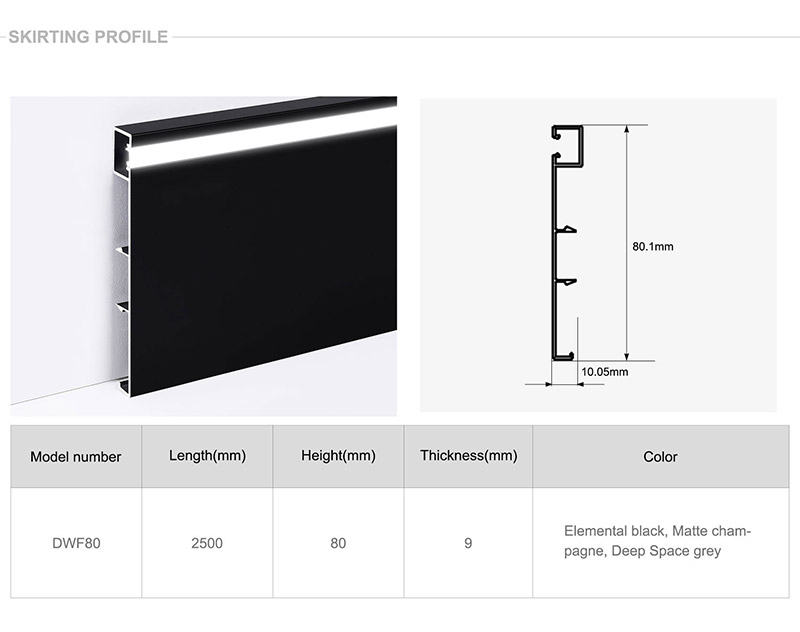 Papan Skirting Aloi Aluminium LED 80*9mm