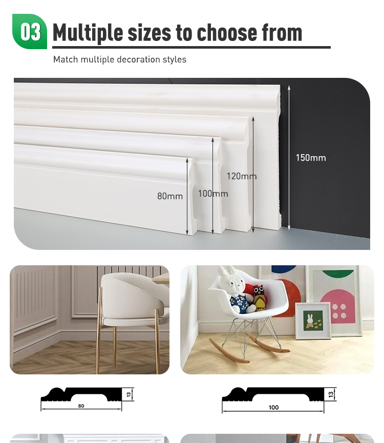 Kontraktor memasang papan skirting PS Victorian berwarna putih setinggi 150mm di sebuah apartmen mewah Eropah.